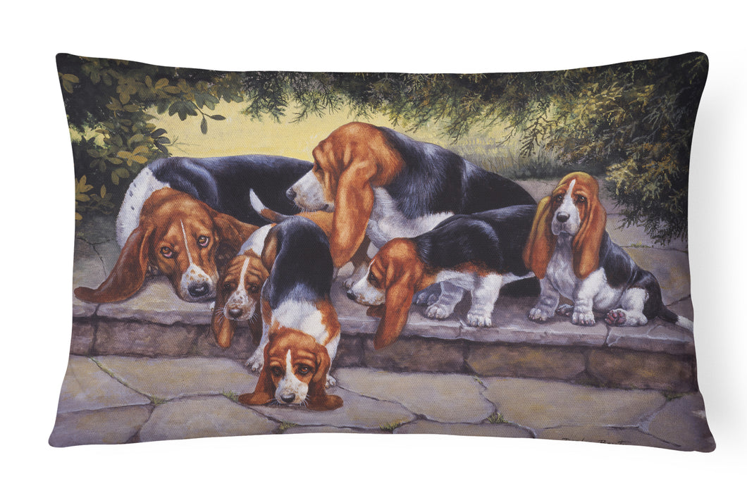 12 in x 16 in  Outdoor Throw Pillow Basset Hound Puppies, Momma and Daddy Canvas Fabric Decorative Pillow