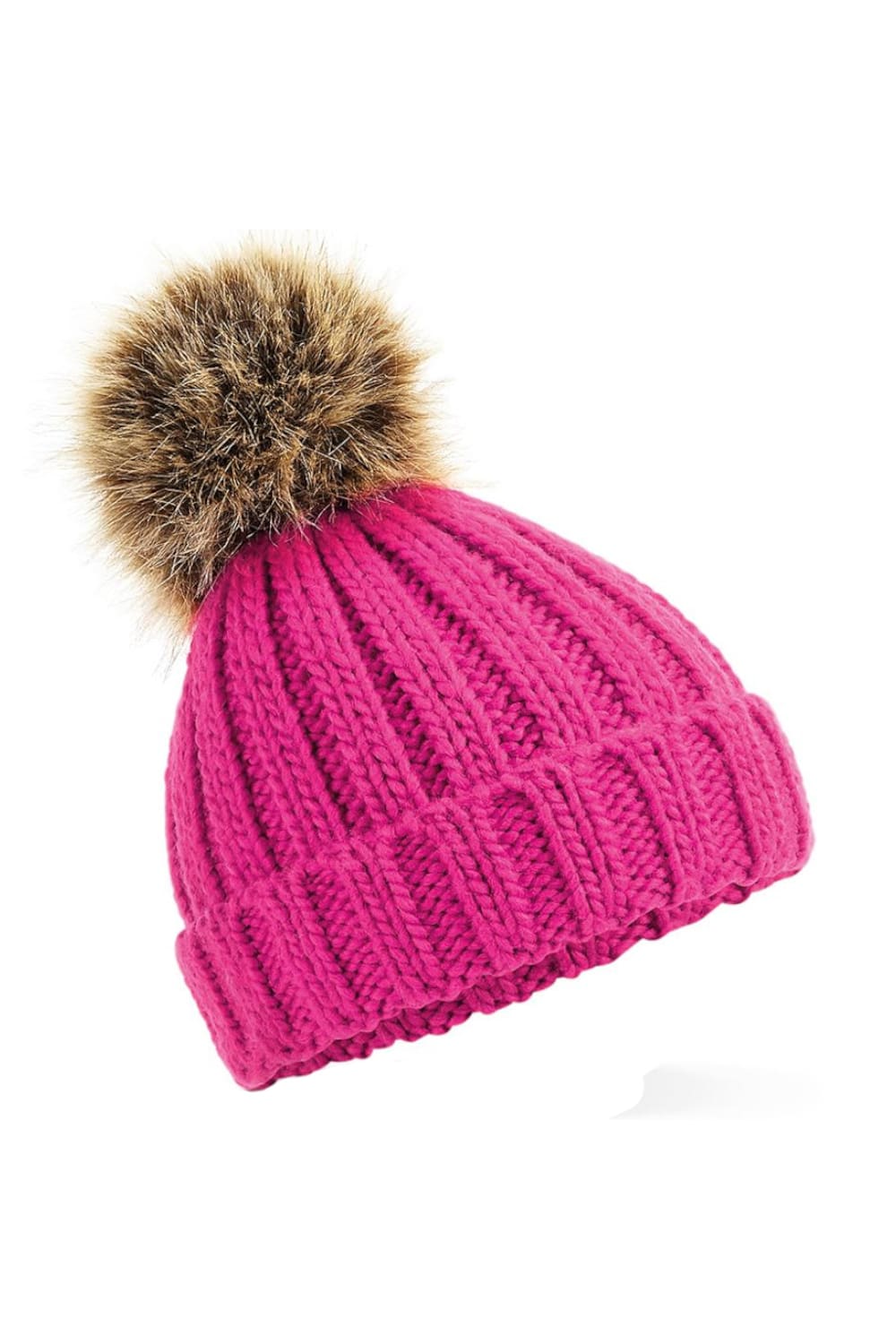 Junior Fur Pom Pom Chunky Beanie - Fuchsia