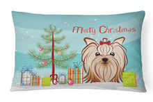 Load image into Gallery viewer, 12 in x 16 in  Outdoor Throw Pillow Christmas Tree and Yorkie Yorkishire Terrier Canvas Fabric Decorative Pillow