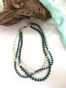 Malachite With Moon Stone Triple Strands Necklace