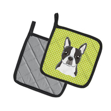 Load image into Gallery viewer, Checkerboard Lime Green Boston Terrier Pair of Pot Holders