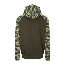 Load image into Gallery viewer, Awdis Just Hoods Adults Unisex Two Tone Hooded Baseball Sweatshirt/Hoodie (Solid Green/Green Camo)