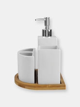 Load image into Gallery viewer, Serene Scandinavian 4 Piece Ceramic Bath Accessory Set with Bamboo Tray, White