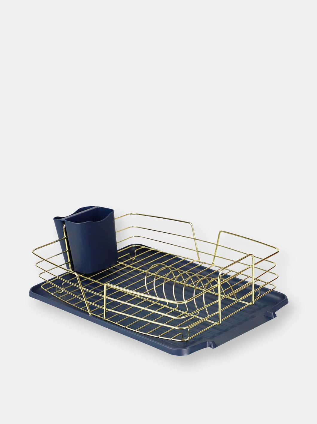 Michael Graves Design Deluxe Dish Rack with Gold Finish and Removable Utensil Holder, Navy Blue/Gold