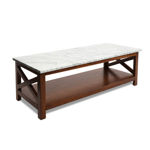 Agatha 44" Rectangular Italian Carrara White Marble Coffee Table With Walnut Color Solid Wood Legs