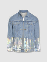 Load image into Gallery viewer, Longer Light Wash Denim Jacket with Holographic Foil