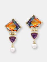 Load image into Gallery viewer, Mysterious Mayhem Amethyst &amp; Pearl Diamond Drop Earrings In 14K Yellow Gold Plated Sterling Silver