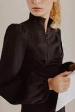 Load image into Gallery viewer, Jane High Neck Empire Mini Dress with Hook and Eye Detail and Blouson Sleeves