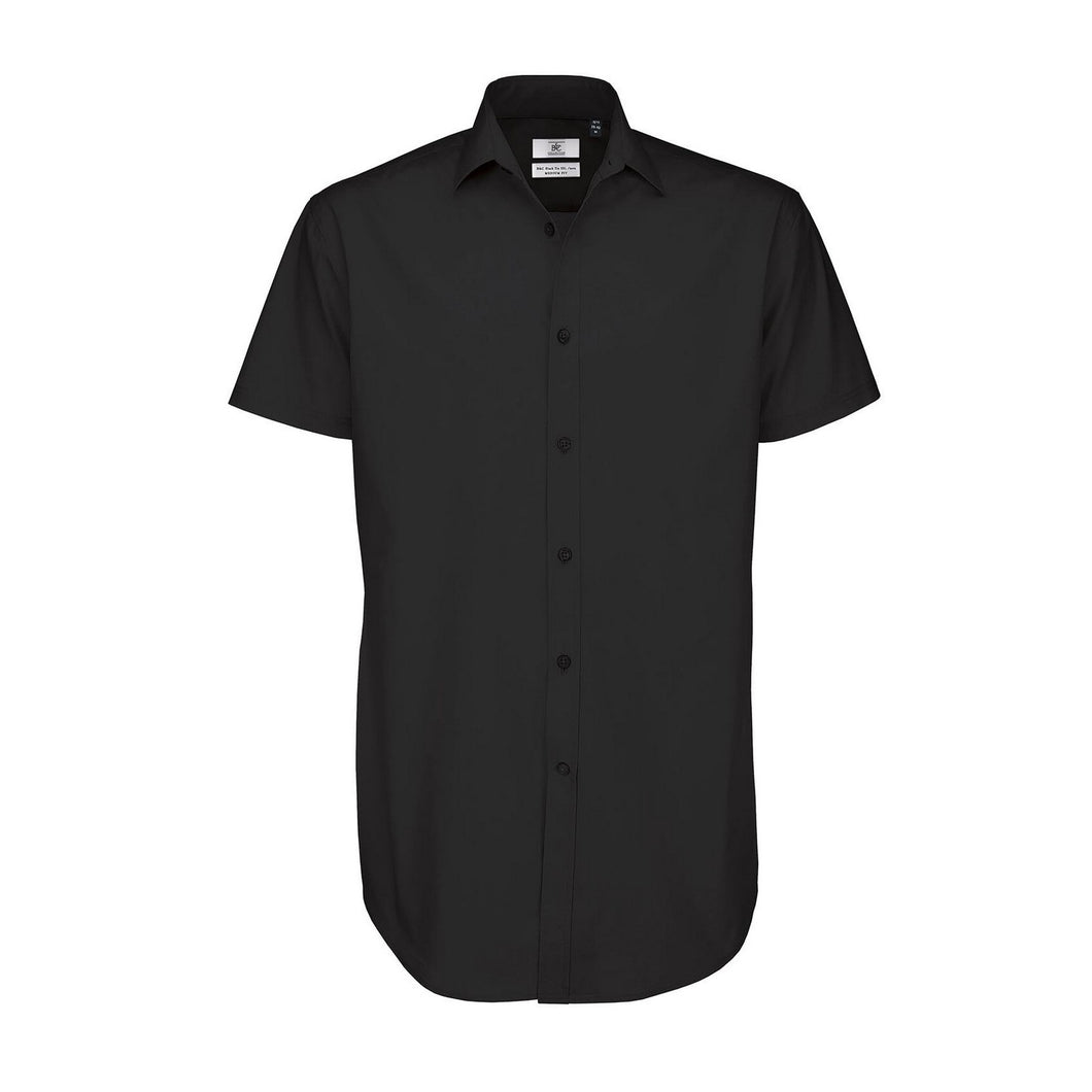 B&C Mens Black Tie Short Sleeve Dress Shirt (Black)