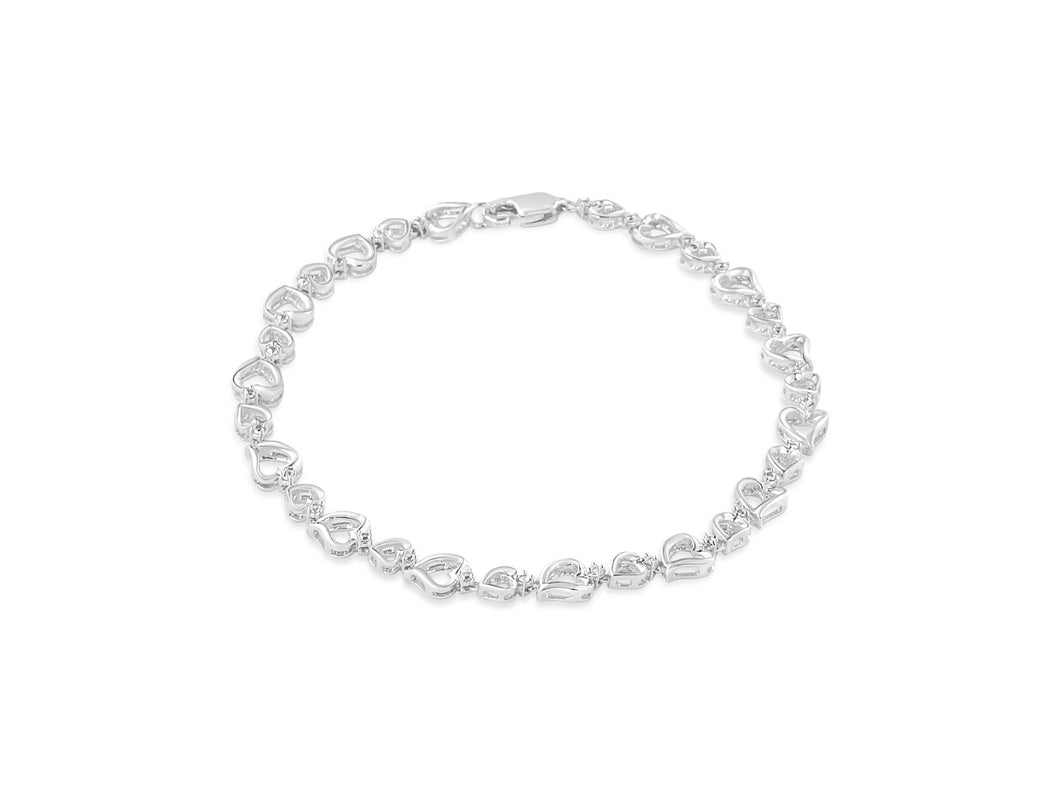 .925 Sterling Silver Prong Set Diamond Accent Alternating Heart Link Bracelet