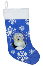 Load image into Gallery viewer, Old English Sheepdog Winter Snowflakes Holiday Christmas Stocking