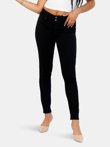 1822 Denim Women's Curvy Double Button Skinny Denim Jeans, Black