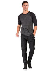 Men's Premium Knit Denim Jogger Jeans Drop Crotch Black Coated Whisker