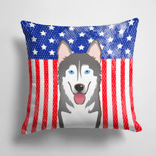 Load image into Gallery viewer, 14 in x 14 in Outdoor Throw PillowAmerican Flag and Alaskan Malamute Fabric Decorative Pillow