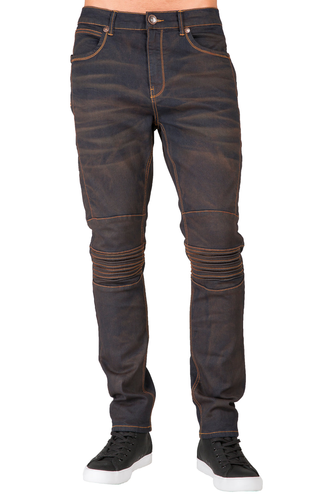 Men's Premium Stretch Denim Moto Jeans Slim Tapered Fit Copper Wash