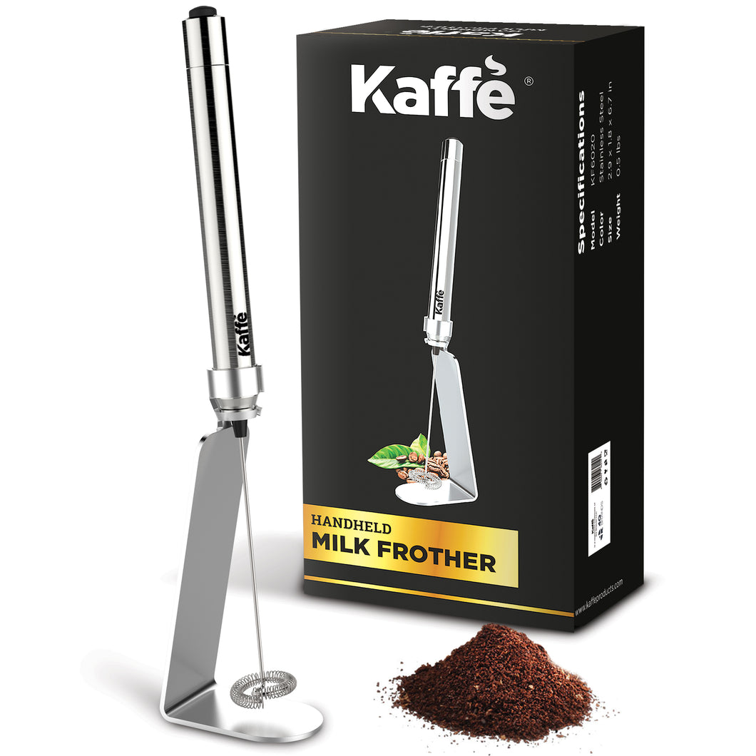 Kaffe Handheld Milk Frother Whisk with Stand. Stainless Steel Battery Operated Electric Foamer.