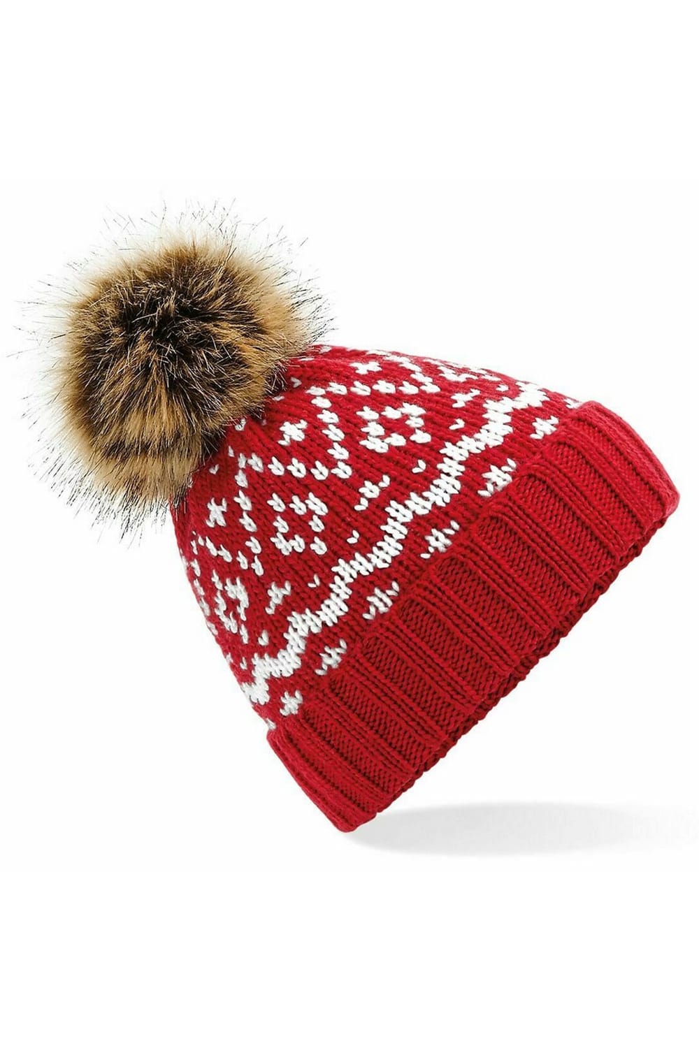 Beechfield Womens/Ladies Fair Isle Faux Fur Pop Pom Beanie (Classic Red/White)