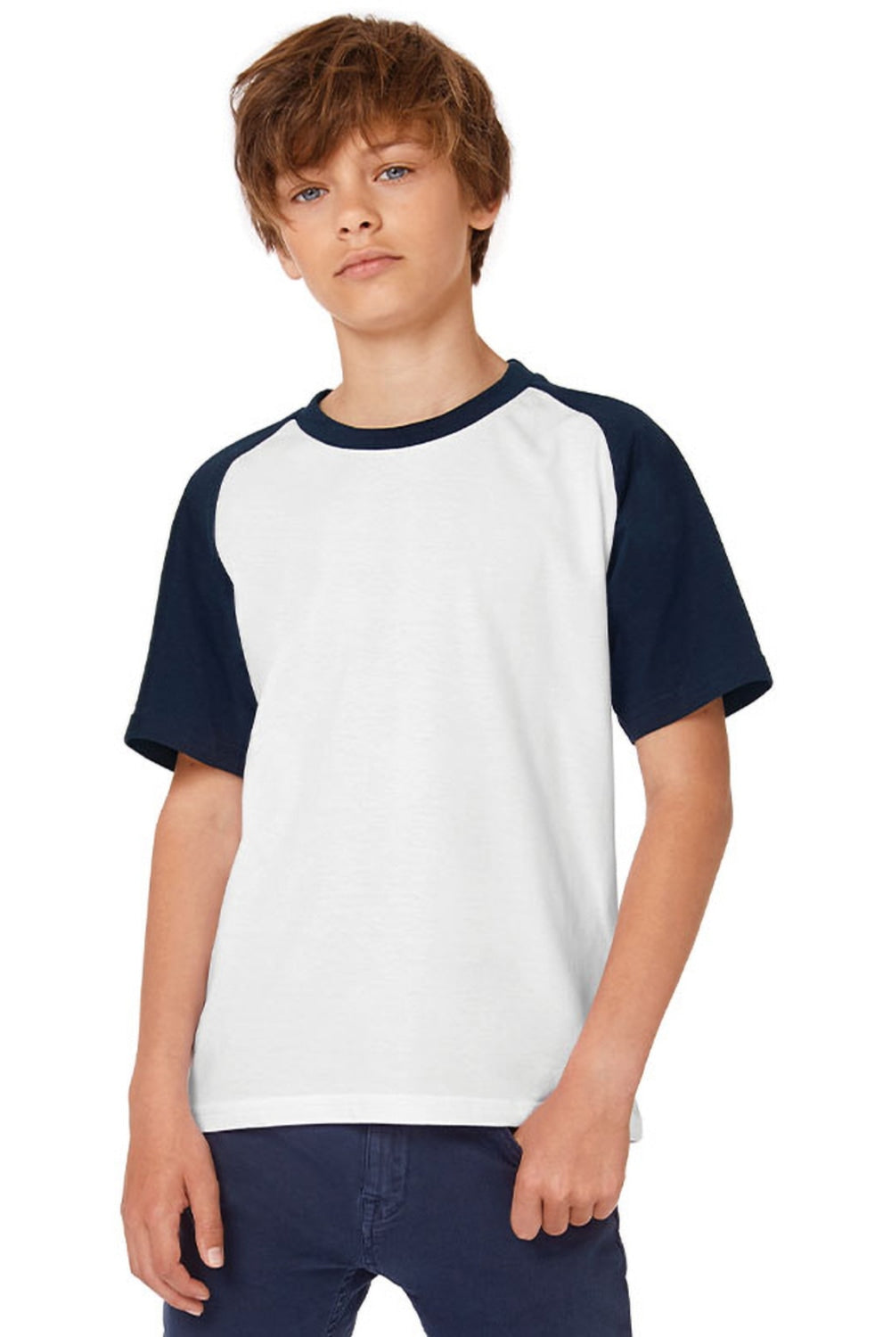Childrens Boys Short Sleeve Baseball T-Shirt - White/Navy