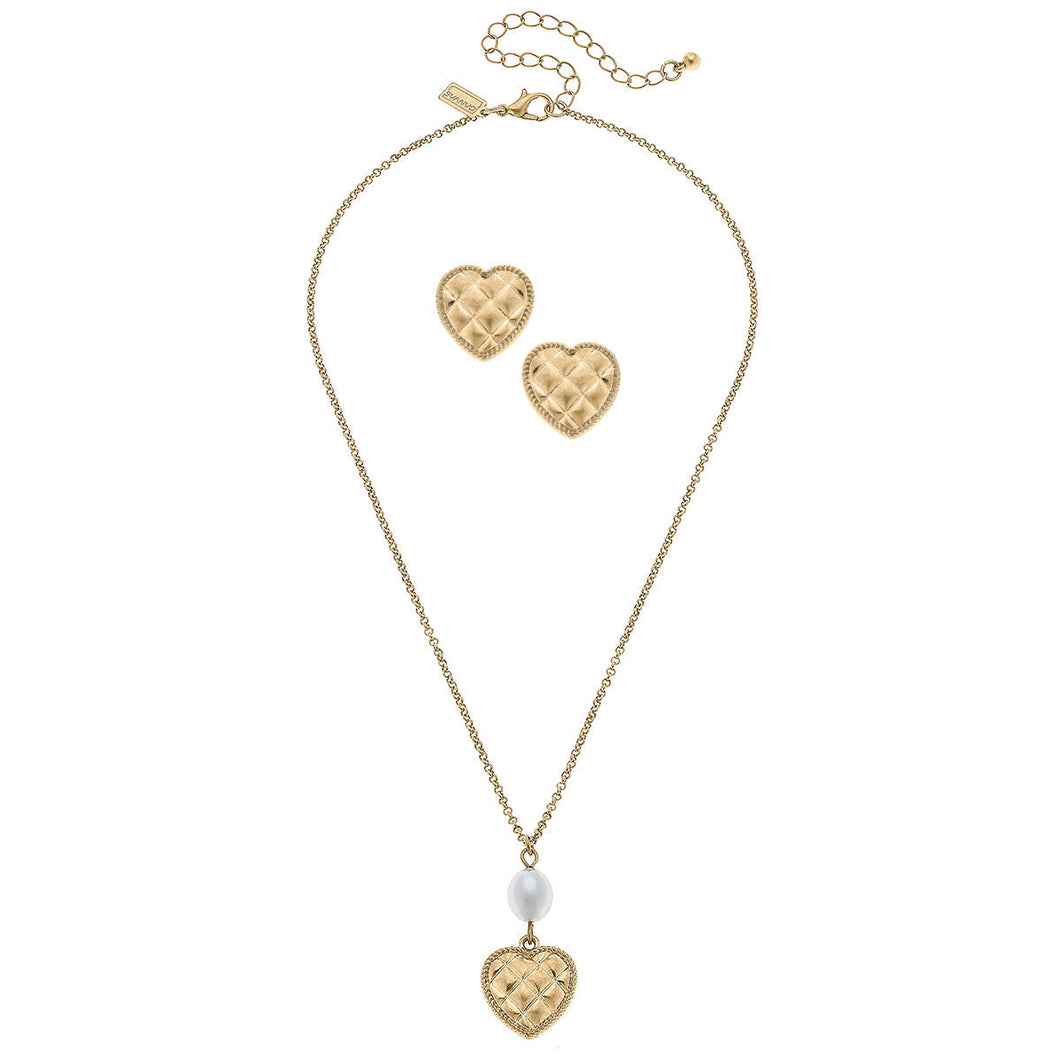 Quilted Metal Heart Earring and Necklace Set
