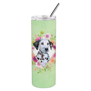CK4296TBL20 20 Oz Dalmatian Puppy Green Flowers Double Walled Stainless Steel Skinny Tumbler