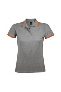 SOLS Womens/Ladies Pasadena Tipped Short Sleeve Pique Polo Shirt (Grey Marl/Orange)