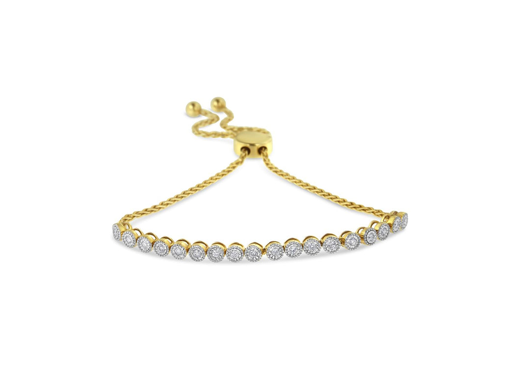10K Yellow Gold over .925 Sterling Silver Miracle-Set Diamond Accented 6”-9” Adjustable Beaded Tennis Bolo Bracelet