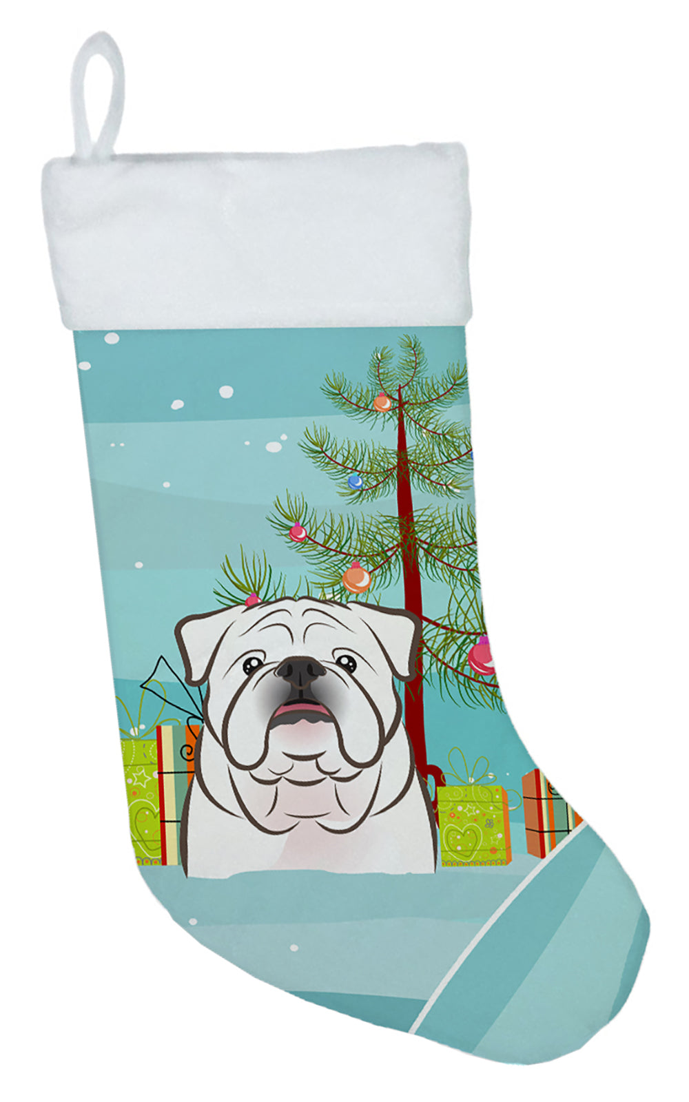 Christmas Tree and White English Bulldog Christmas Stocking