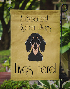 11" x 15 1/2" Polyester Smooth Black and Tan Dachshund Spoiled Dog Lives Here Garden Flag 2-Sided 2-Ply
