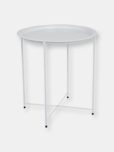 Foldable Round Multi-Purpose Side Accent Metal Table, Matte White