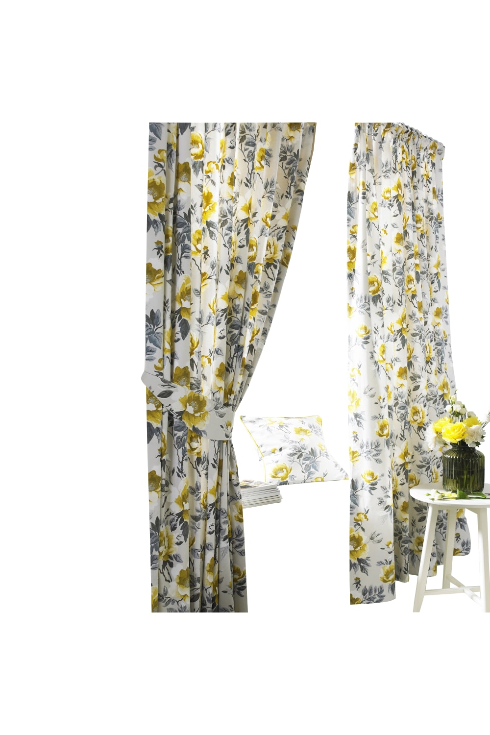 Furn Peony Vibrant Colored Floral Pleat Curtains (Ochre) (90in x 90in)
