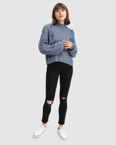 Higher Love Cropped Cable Knit Jumper - Dusty Blue