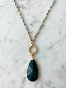 Green Crystal Layered Necklace with Emerald Green Agate Drop