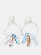 Load image into Gallery viewer, Gold Hoop Dangle Earring with Three Raw Quartz Crystals in Mystic Grey, Rainbow and Peach Quartz