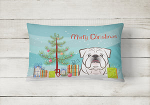 12 in x 16 in  Outdoor Throw Pillow Christmas Tree and White English Bulldog  Canvas Fabric Decorative Pillow