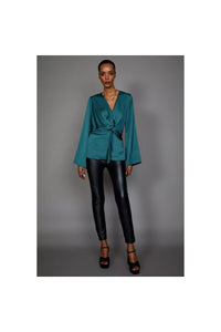 Womens/Ladies Satin Front Tie Blouse - Teal