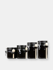 4 Piece Ceramic Canister Set with Wooden Spoons, Black