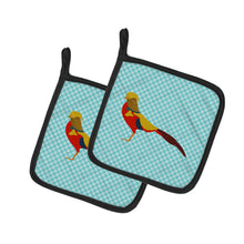 Load image into Gallery viewer, Golden or Chinese Pheasant Blue Check Pair of Pot Holders