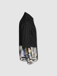 Longer Classic Black Denim Jacket with Holographic Foil