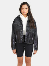Load image into Gallery viewer, Shorter Washed Black Denim Jacket with Midnight Oil Foil