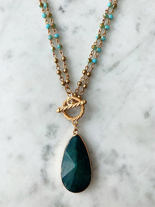 Green Crystal Layered Necklace with Emerald Green Agate Drop