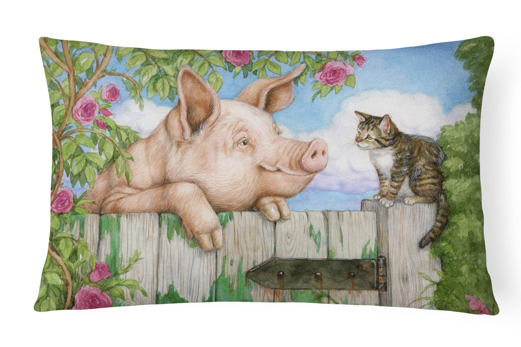 12 in x 16 in  Outdoor Throw Pillow Pig at the Gate with the Cat Canvas Fabric Decorative Pillow