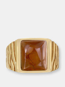 Cracked Agate Stone Signet Ring in Brown Rhodium & 14K Yellow Gold Plated Sterling Silver