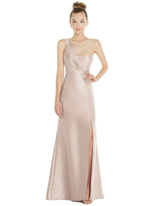 Draped One-Shoulder Satin Trumpet Gown With Front Slit - D827