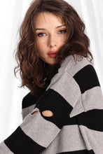 Load image into Gallery viewer, Cotton/Cashmere Striped Crew W/Cut-Outs Sweaters - Black/Ash Grey