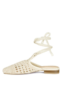 Bartsi Off White Handwoven Cotton Tie Up Mule Flats