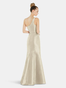 Draped One-Shoulder Satin Trumpet Gown With Front Slit - D827