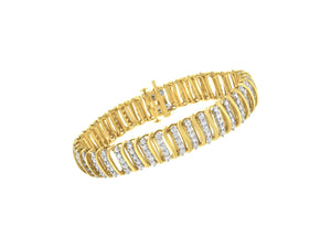 10K Yellow Gold Over .925 Sterling Silver 5.0 Cttw Diamond S Shaped Wave Link Two Tone 7” Tennis Bracelet