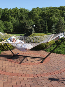 Rope Hammock with 12' Steel Stand Pad Pillow Green White Stripe Outdoor Patio