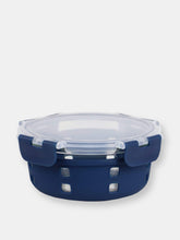 Load image into Gallery viewer, Michael Graves Design Round 21 Ounce High Borosilicate Glass Food Storage Container with Plastic Lid, Indigo