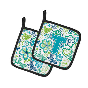 Letter T Flowers and Butterflies Teal Blue Pair of Pot Holders